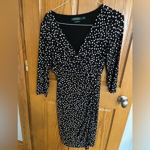 Lauren Black and White polka dot faux wrap dress. Size 10